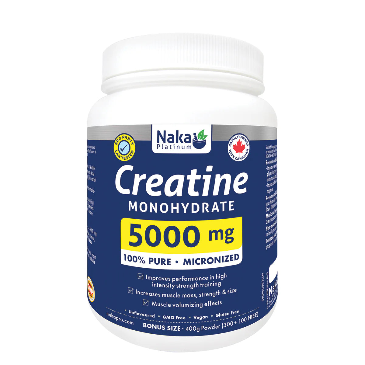 Naka Platinum Creatine Monohydrate 5000 mg 400 g powder container for muscle strength and performance support