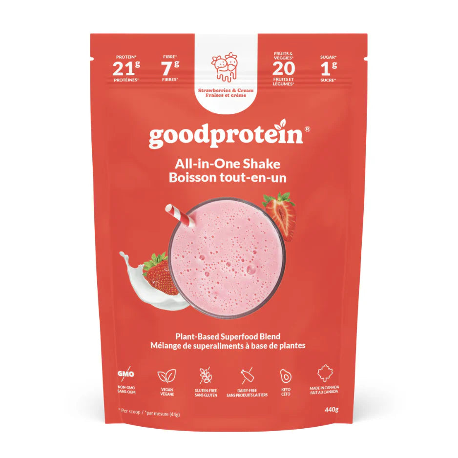 Red package of goodprotein All-in-One Shake on a white background