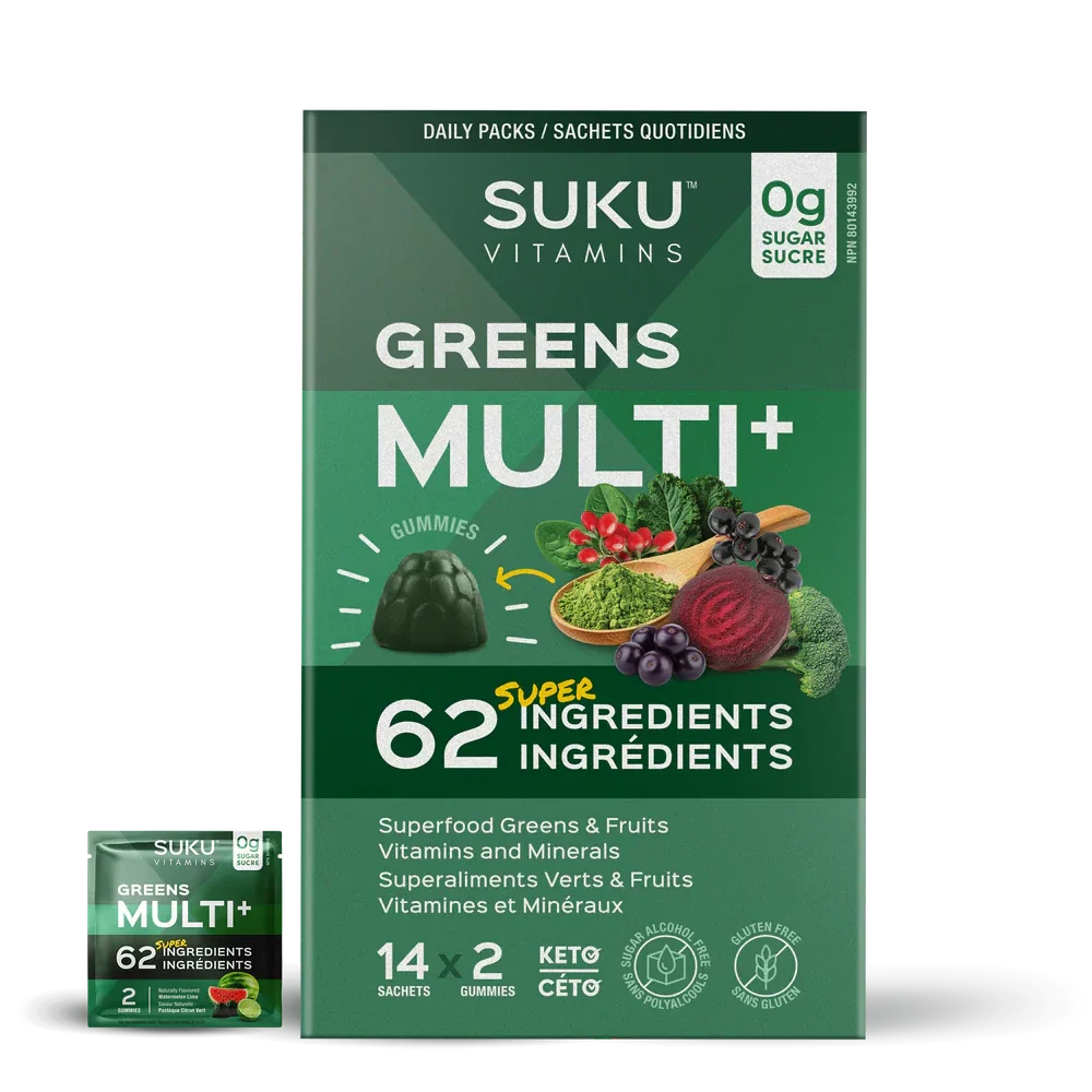 SUKU Vitamins Greens Multi Plus gummies with 62 super ingredients and 14 daily sachets