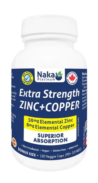Naka Platinum Zinc 50 mg plus Copper 8 mg bottle with 120 vegetarian capsules for immune and mineral support