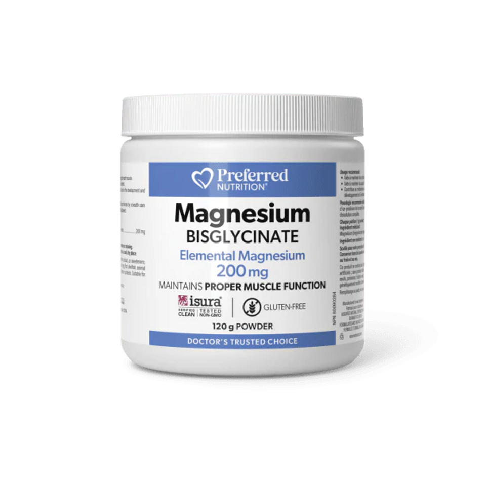 Preferred Nutrition Magnesium Bisglycinate Powder 120 g container for calm, muscle recovery, and sleep support