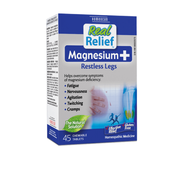 Homeocan Real Relief Magnesium Plus Restless Legs 45 chewable tablets box for fatigue, cramps, and magnesium deficiency support