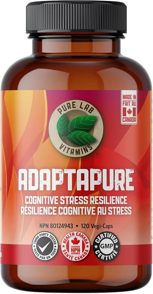 Pure Lab Vitamins Adaptapure cognitive stress resilience supplement, 120 vegetarian capsules, Canadian-made, GMP certified.