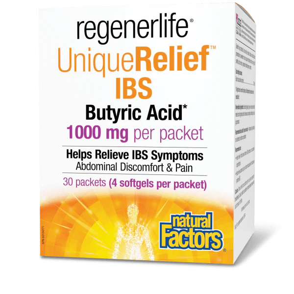 Regenerlife UniqueRelief IBS Butyric Acid supplement packaging on a white background