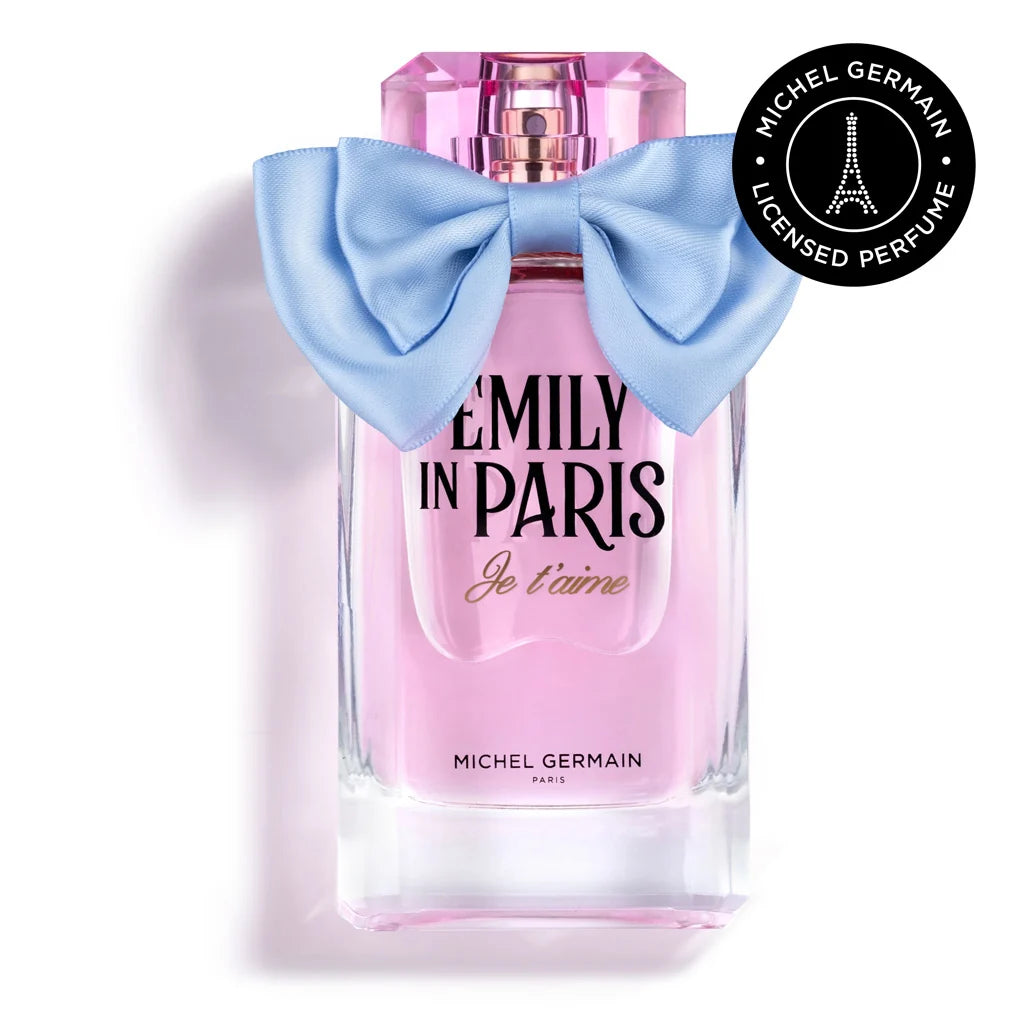 Michel Germain Emily in Paris Je t’aime women’s Eau de Parfum 100 mL pink perfume bottle with blue bow