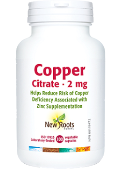 New Roots Herbal Copper Citrate 2 mg 100 veggie capsules bottle for copper deficiency and mineral balance support