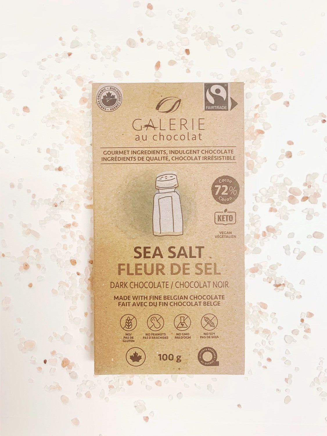 Galerie au Chocolat Sea Salt 72% cocoa organic Belgian dark chocolate bar 100g