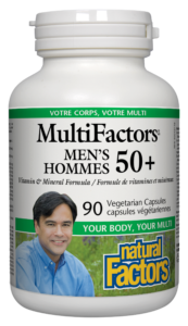 Bottle of Natural Factors MultiFactors Men's 50+ Vitamin and Mineral Formula with 90 capsules for prostate health and cognitive decline.