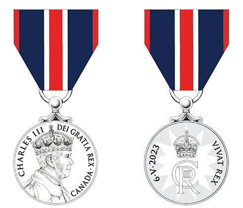 coronation medal with red, white and blue ribbon