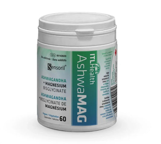ITL Health AshvaMAG ashwagandha and magnesium bisglycinate 60 vegan capsules supplement container