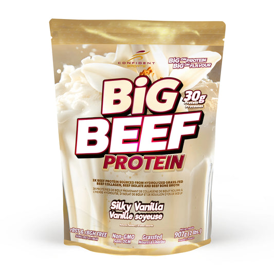 Confident Sports Big Beef Protein Silky Vanilla 907 g bag for muscle recovery and strength support made from grass-fed beef protein