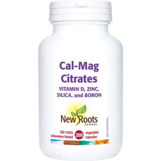 Vitamin supplement bottle labeled 'Cal-Mag Citrates' by New Roots on a white background