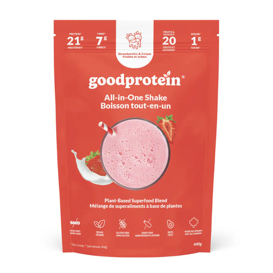 Red package of goodprotein All-in-One Shake on a white background