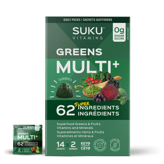 SUKU Vitamins Greens Multi Plus gummies with 62 super ingredients and 14 daily sachets