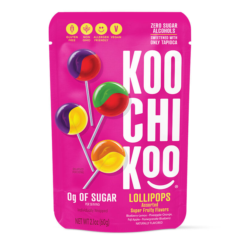 Koochikoo Zero Sugar Lollipops 60g – Assorted Super Fruity Flavors in Pink Pouch