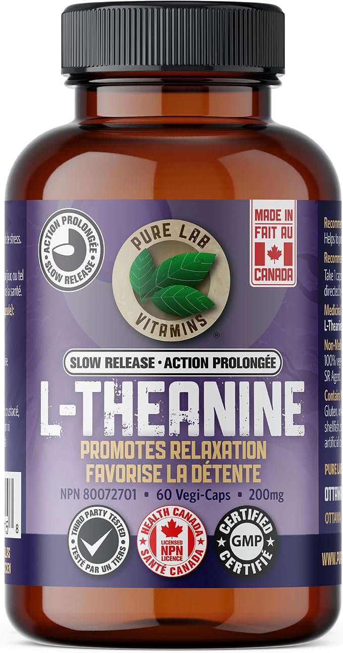 Pure Lab Vitamins L-Theanine 200 mg slow-release supplement, 60 vegetarian capsules, made in Canada for relaxation support.