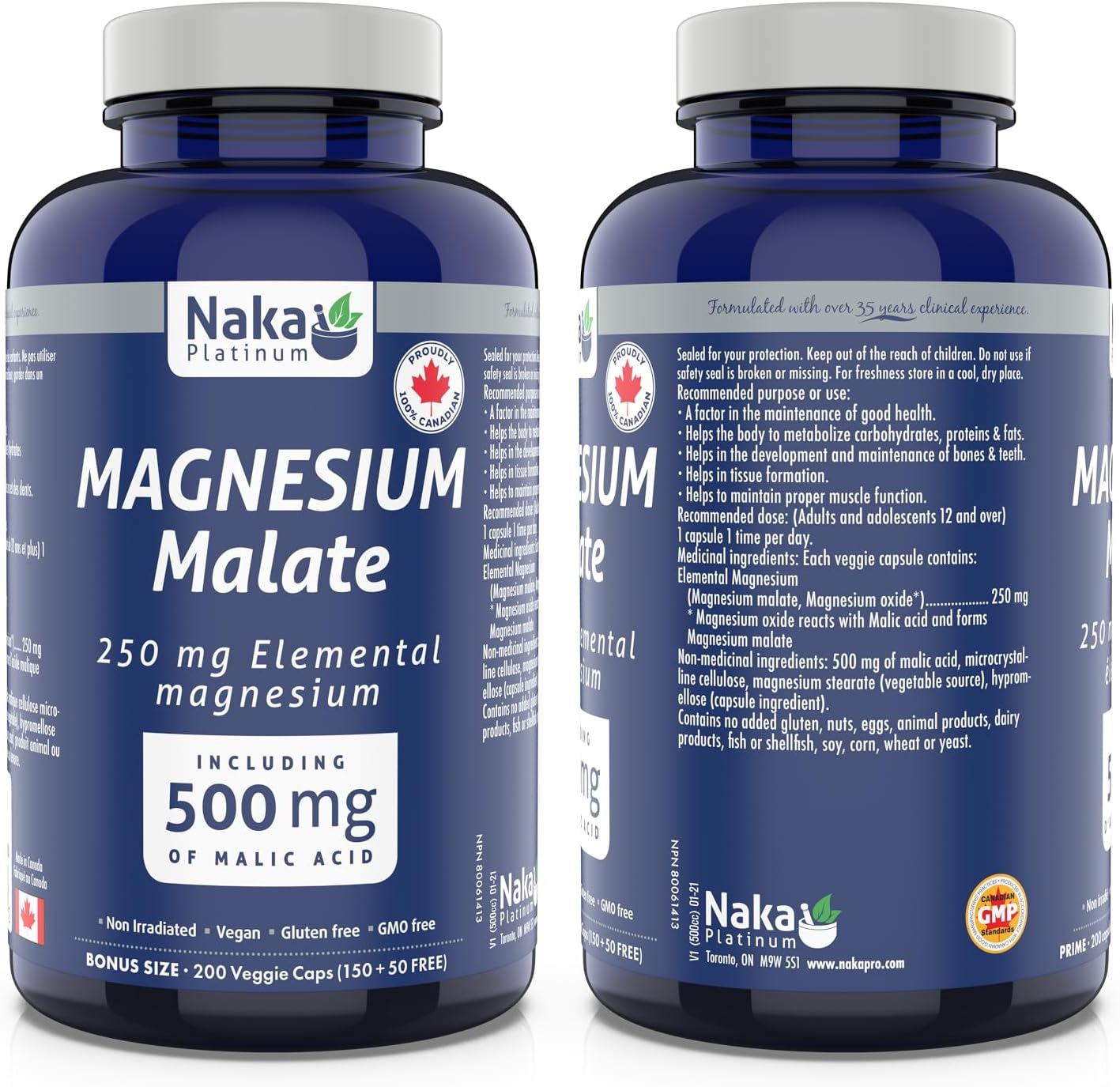 Naka Platinum Magnesium Malate bottle with 250 mg elemental magnesium for energy, muscle, and nerve support