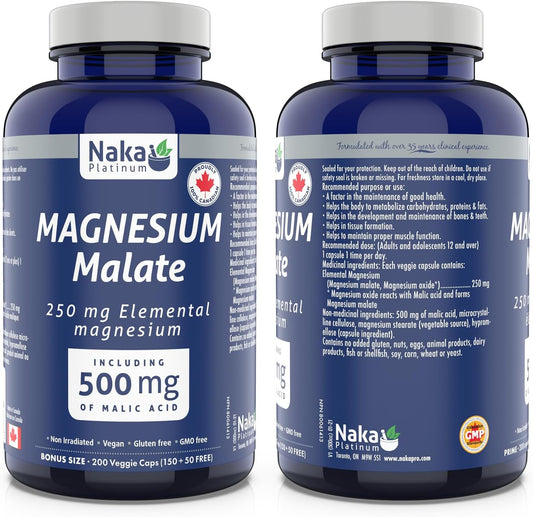 Naka Platinum Magnesium Malate bottle with 250 mg elemental magnesium for energy, muscle, and nerve support