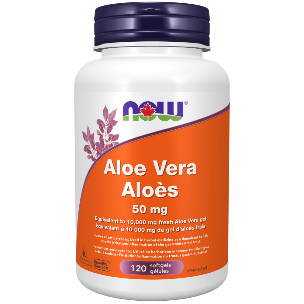 NOW Aloe Vera 50 mg 120 softgels bottle for digestive comfort and skin health support