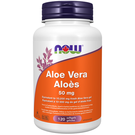 NOW Aloe Vera 50 mg 120 softgels bottle for digestive comfort and skin health support