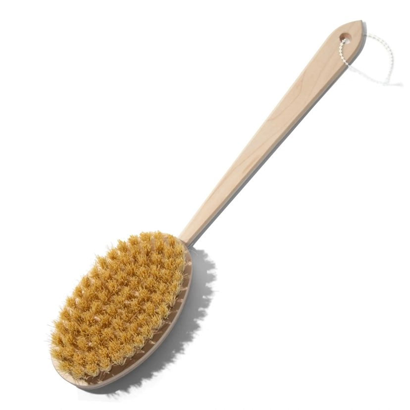 Naturopathic natural Tampico fiber body brush with detachable long wooden handle for dry brushing and exfoliation