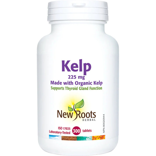 New Roots Kelp 225 mg 300 tablets bottle made with organic kelp for thyroid and metabolism support