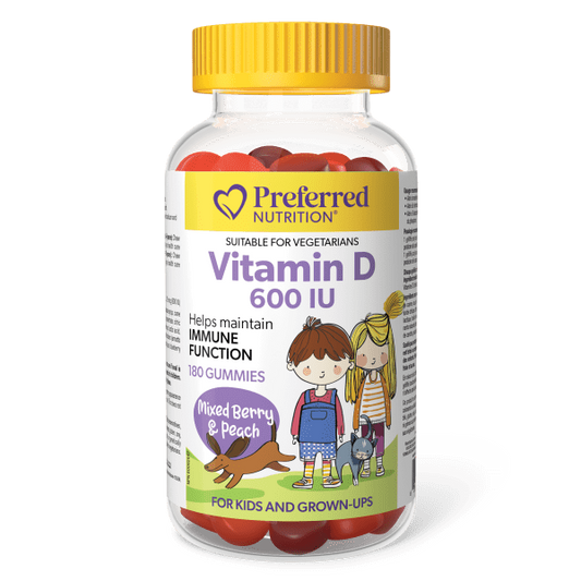 Preferred Nutrition Vitamin D 600 IU Gummies bottle with cartoon kids – Mixed Berry and Peach flavor, 180 gummies, vegetarian-friendly.