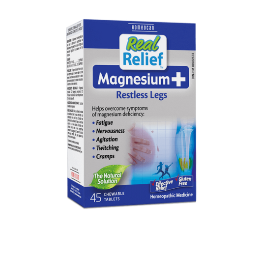 Homeocan Real Relief Magnesium Plus Restless Legs 45 chewable tablets box for fatigue, cramps, and magnesium deficiency support