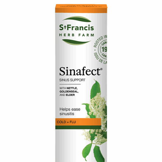 St Francis Sinafect 50 ml sinus support tincture with nettle, goldenseal, and elderflower in amber glass bottle