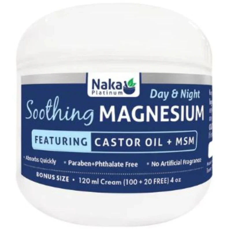 Naka Platinum Soothing Magnesium Cream Day & Night – 120 mL Bonus Size with Castor Oil and MSM for Muscle & Joint Relief