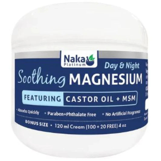Naka Platinum Soothing Magnesium Cream Day & Night – 120 mL Bonus Size with Castor Oil and MSM for Muscle & Joint Relief