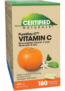 Certified Naturals Vitamin C 600 mg bottle with 180 vegetarian capsules for immune and antioxidant support