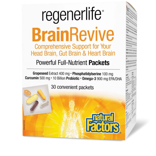 Natural Factors Regenerlife BrainRevive 30 full-nutrient packets with grapeseed extract, phosphatidylserine, curcumin, probiotics and omega-3 EPA DHA.