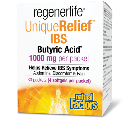 Regenerlife UniqueRelief IBS Butyric Acid supplement packaging on a white background