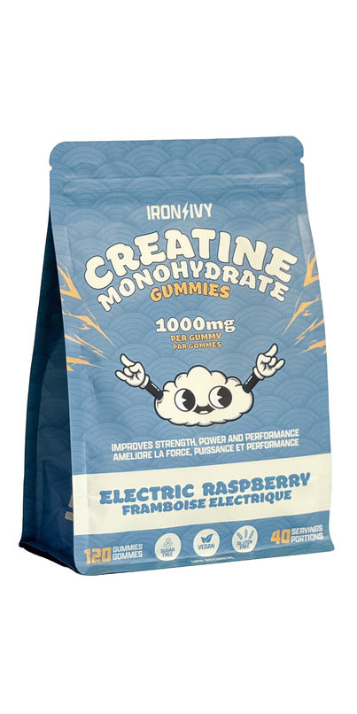 Iron Ivy Creatine Monohydrate Gummies Electric Raspberry flavour, 1000 mg per gummy, 120 vegan sugar-free gummies.