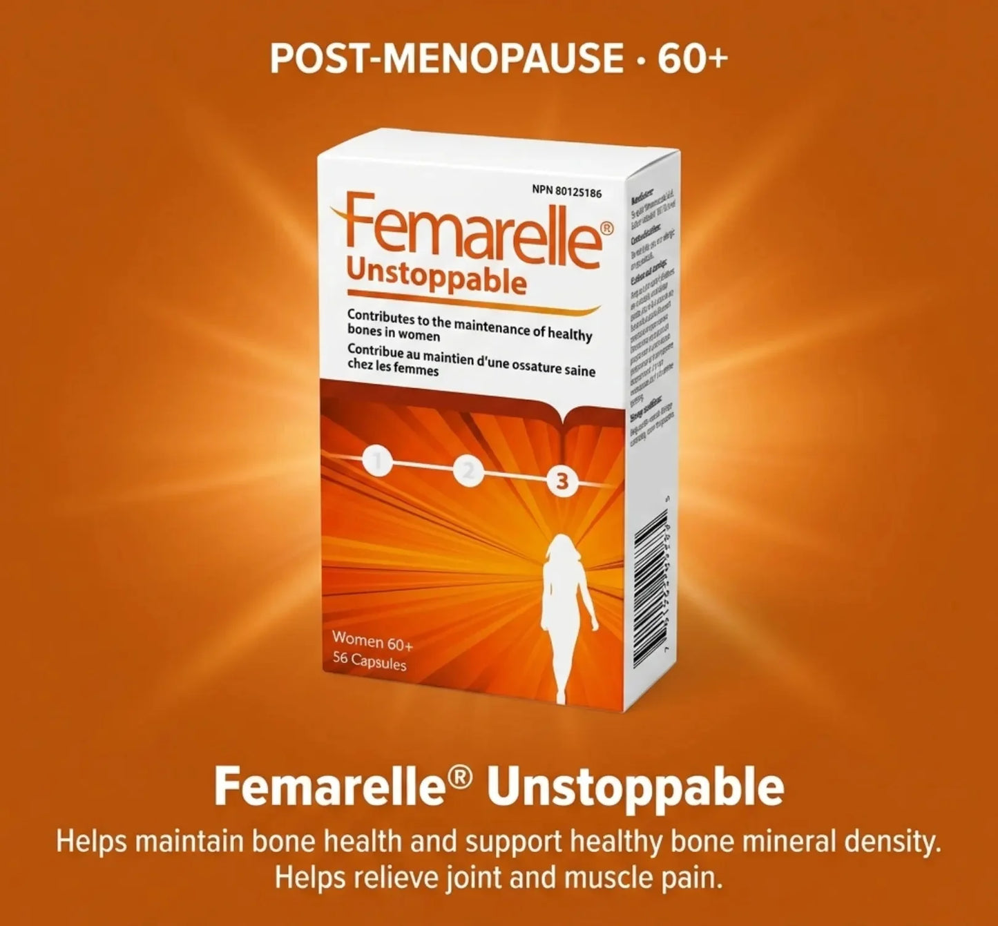 Femarelle Unstoppable post menopause bone health supplement for women over 60 with 56 capsules