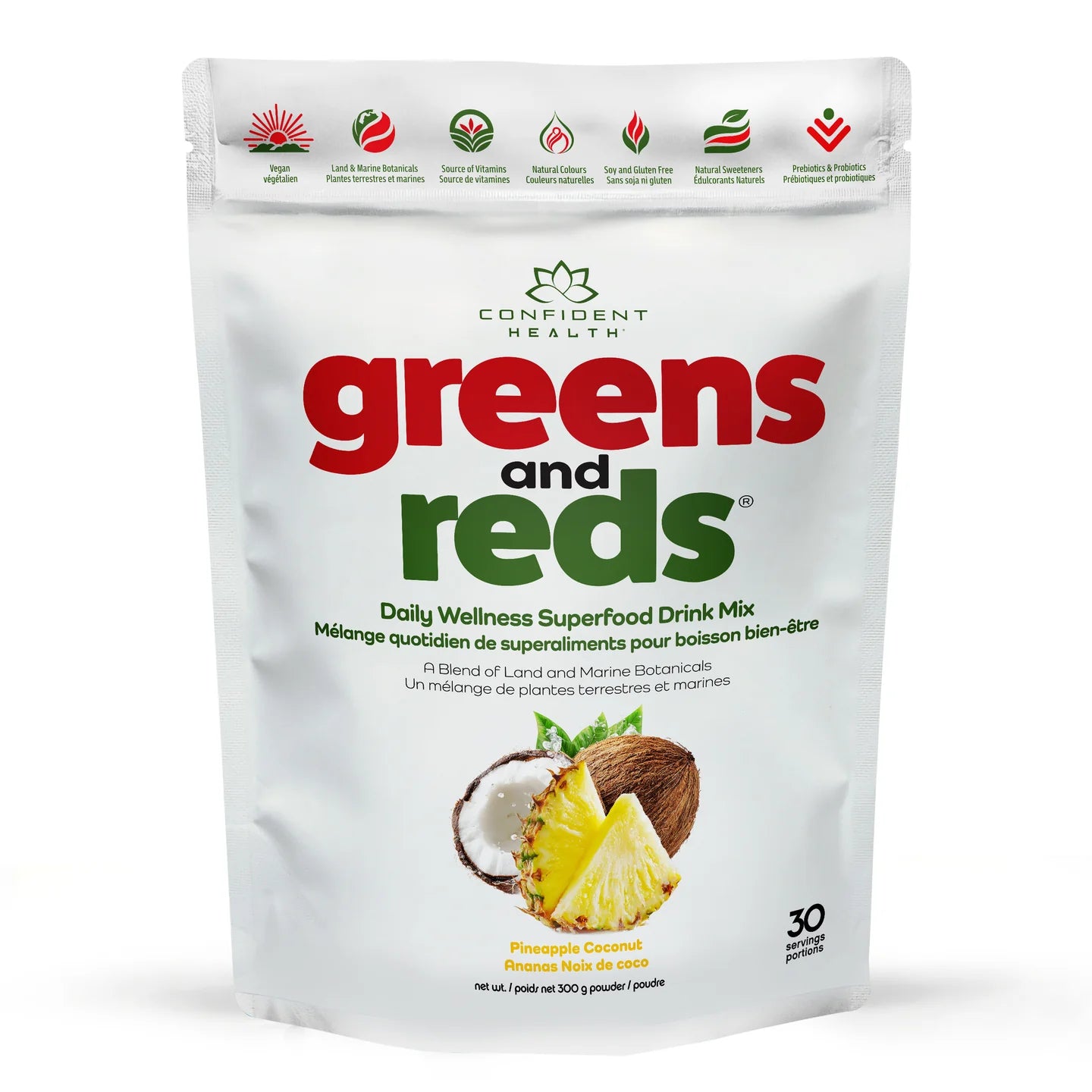 Confident Health Greens and Reds Pineapple Coconut daily wellness superfood drink mix 300 g 30 servings