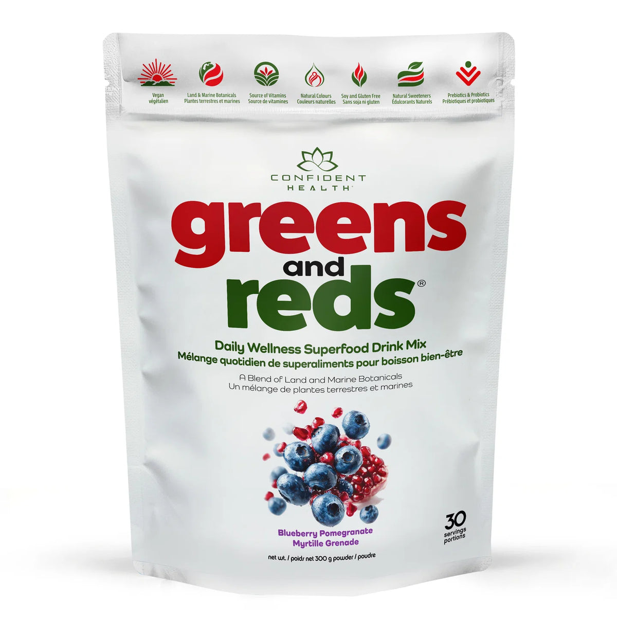 Confident Health Greens and Reds Blueberry Pomegranate daily wellness superfood drink mix 300 g 30 servings