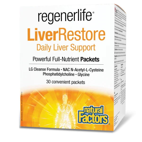 Natural Factors RegenerLife LiverRestore daily liver support supplement with NAC, phosphatidylcholine, glycine and LG Cleanse Formula, 30 nutrient packets.