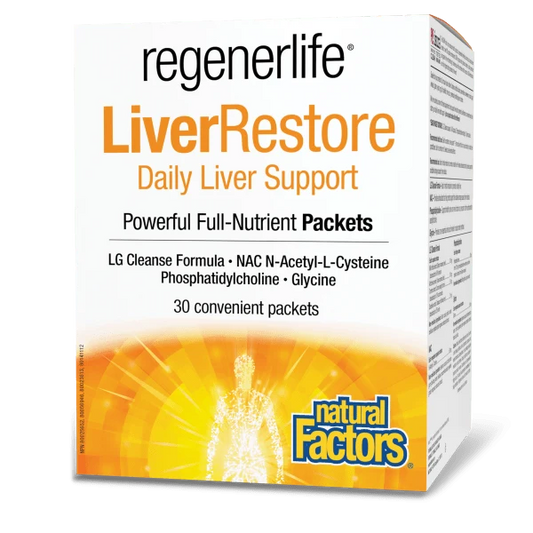 Natural Factors RegenerLife LiverRestore daily liver support supplement with NAC, phosphatidylcholine, glycine and LG Cleanse Formula, 30 nutrient packets.