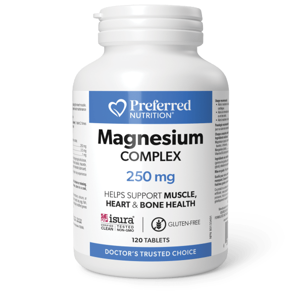 Preferred Nutrition Magnesium Complex 250 mg, 120 gluten-free tablets for muscle, heart and bone health support.