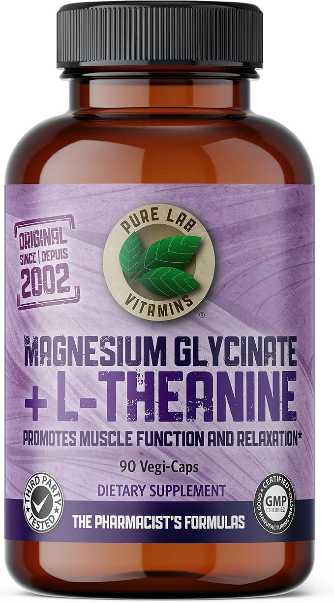 Pure Lab Vitamins Magnesium Glycinate plus L-Theanine supplement for muscle function and relaxation, 90 vegetarian capsules, third-party tested and GMP certified.