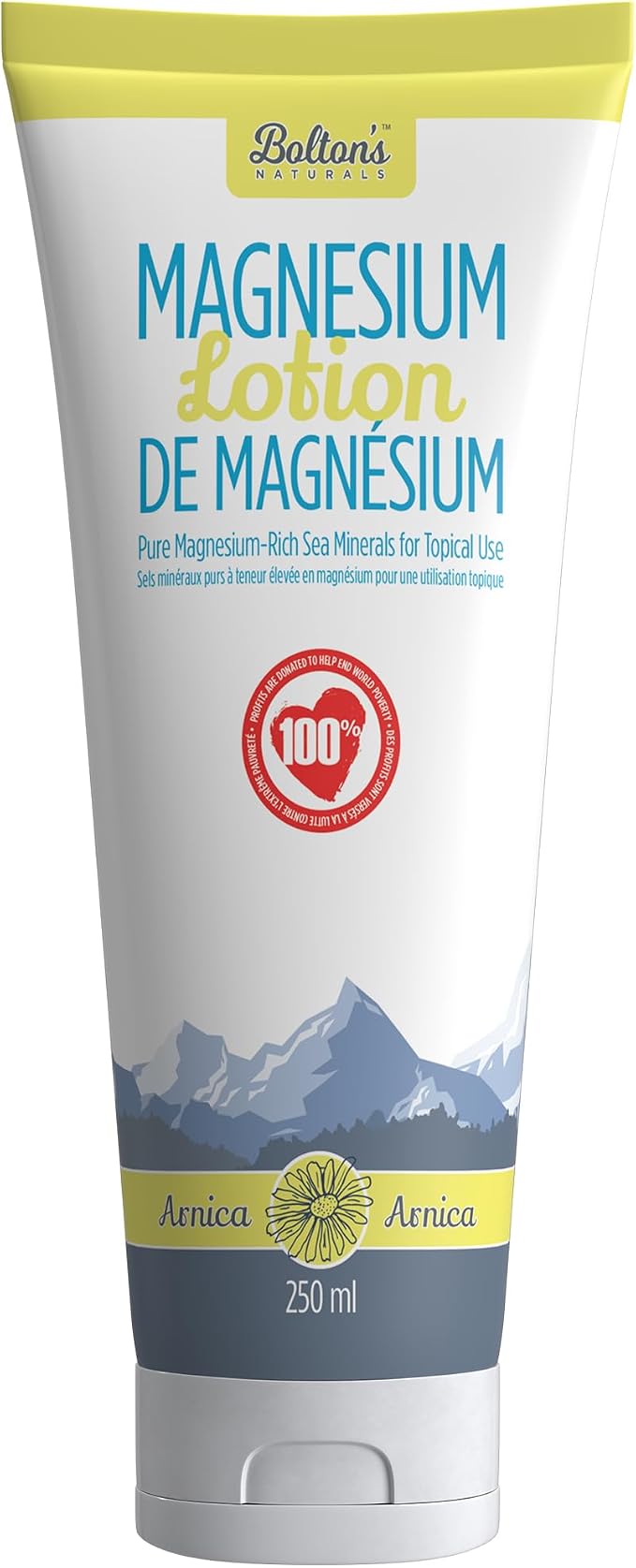 Bolton's Naturals Magnesium Lotion with Arnica, 250 mL tube, featuring magnesium-rich sea minerals for topical body care and massage.