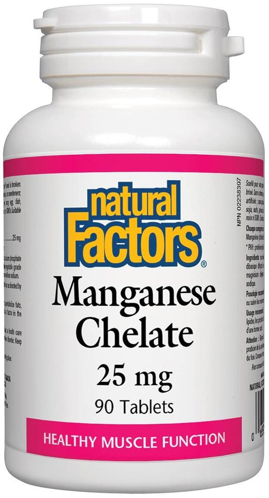 Natural Factors Manganese Chelate 25 mg 90 tablets bottle for healthy muscle and bone support