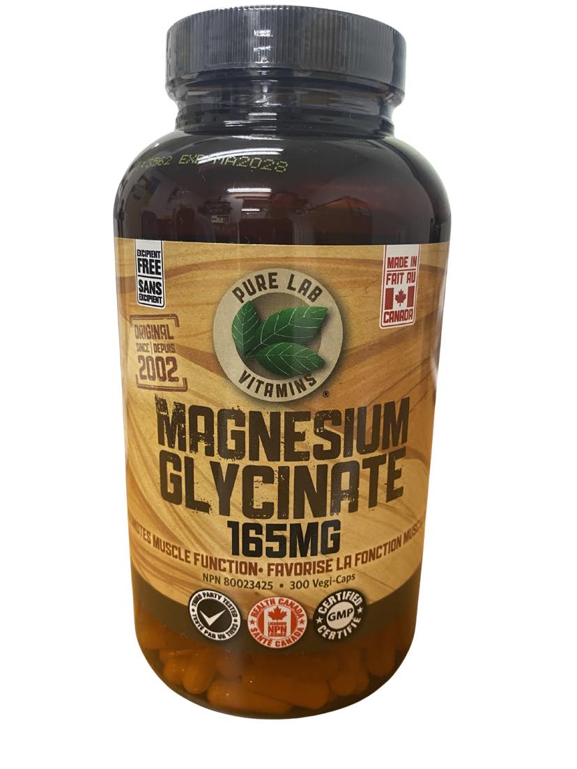 Supplement bottle labeled 'Pure Lab Vitamins Magnesium Glycinate 165MG' on a white background