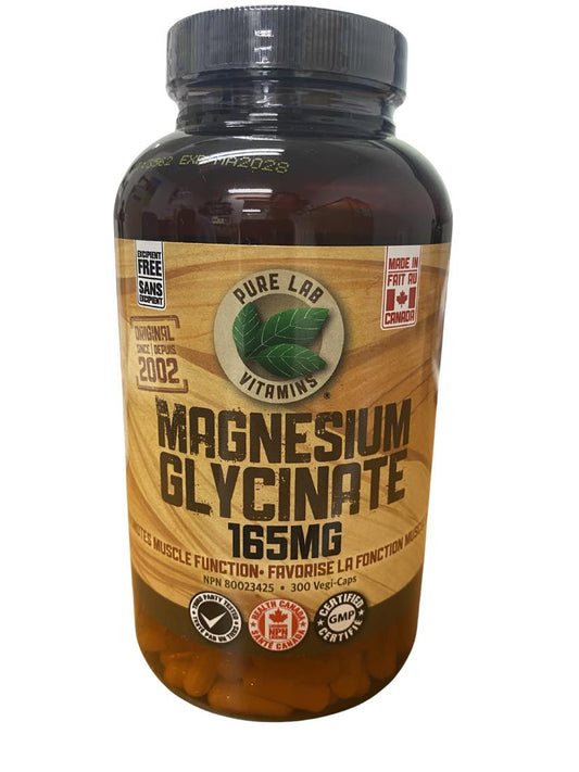 Supplement bottle labeled 'Pure Lab Vitamins Magnesium Glycinate 165MG' on a white background