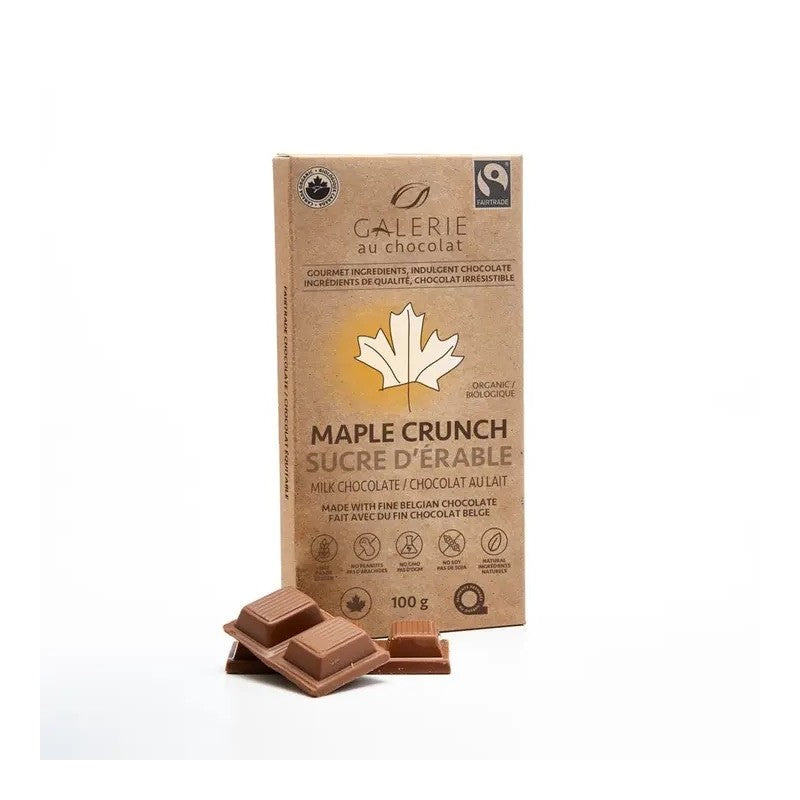 Galerie au Chocolat Maple Crunch Milk Chocolate Bar | Organic Maple | Belgian Chocolate | 100g