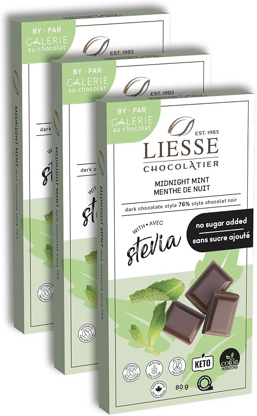 Liesse Chocolatier Midnight Mint dark chocolate with stevia no sugar added keto chocolate bar 80g