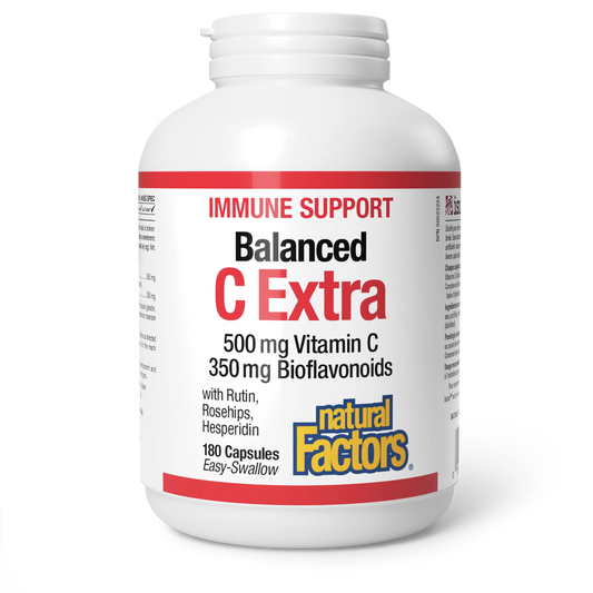 Natural Factors Balanced C Extra 500 mg 180 tablets bottle with rutin, rosehips, and hesperidin for immune and antioxidant support