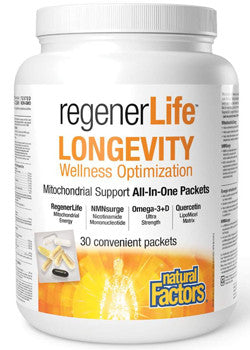 Natural Factors RegenerLife Longevity Wellness Optimization with mitochondrial support nutrients, NMN, omega-3 plus vitamin D and quercetin, 30 packets.